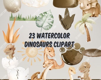 23 Watercolor Dinosaurs Clipart | Neutral Baby Boy Décor | Dino Nursery Décor| Transparent PNG