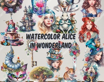 32 Enchanting Watercolor Alice in Wonderland Png Clipart: Fairytale Art, Perfect for Invitations, Prints, and Decor! Fantasy Junk Journal
