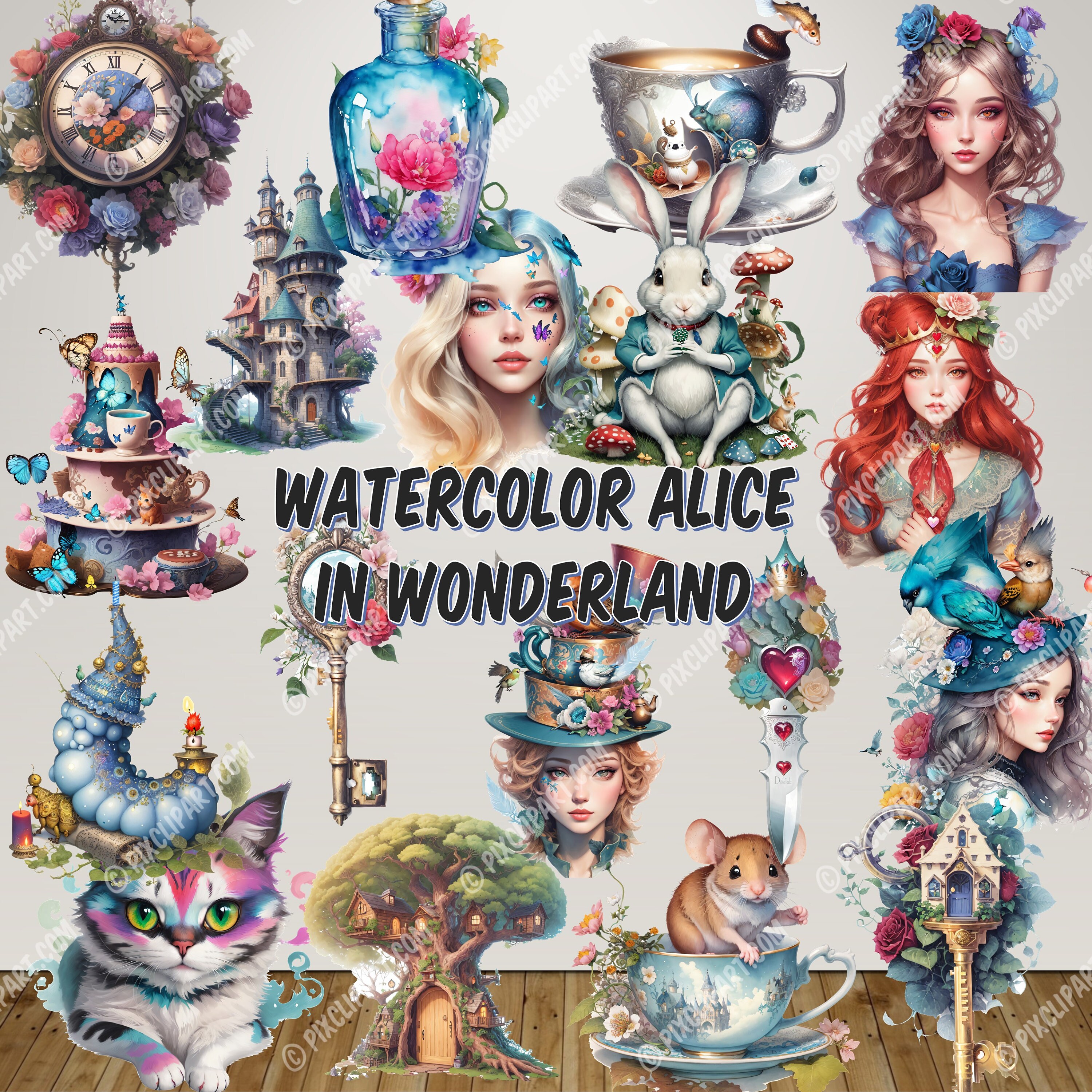32 Enchanting Watercolor Alice in Wonderland Png Clipart: Fairytale Art ...