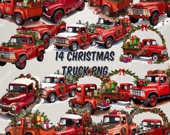 14 Classic Christmas Truck Transparent PNG | Watercolor Clipart Bundle | Junk Journal | Christmas Digital Planner | Collage Images | Festive