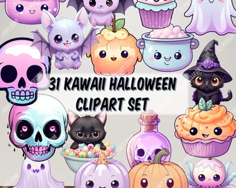 Kawaii Halloween 31 Transparent Clip Art - Cute Pastel Candy, Happy Halloween Printables, PNGs of Kids, Witches, Cat, Pumpkin, Ghost, Bat,