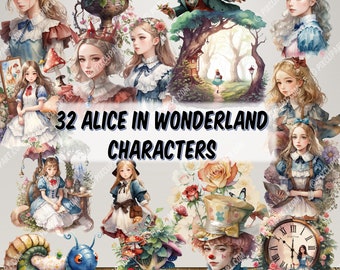 Watercolour Alice in Wonderland 32 Character Bundle Clipart, Alice in Wonderland png, Fairytale Clipart, Alice PNG Images, Transparent PNG