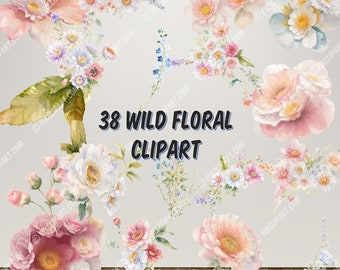 38 Wild Floral Clipart Collection - Floral Watercolor Wild Flowers - Transparent PNG - Premade- Wedding- Spring Clipart - High Resolution