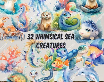 32 Watercolor Sea Creatures Clipart - Kids Decor Bundle, Marine Nursery Delights, Underwater Sealife Delights, PNG, Commercial Use