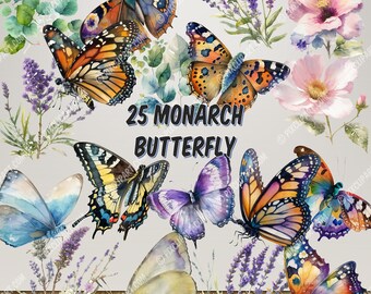 25 Watercolor Monarch Butterfly Clipart | Floral Summer PNG | Transparent Butterfly Painting with Lavender Plant | Instant Download