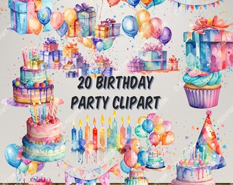 Watercolor Birthday Party Clipart Bundle - 20 PNG Graphics Transparent Background Digital Download - Commercial Use