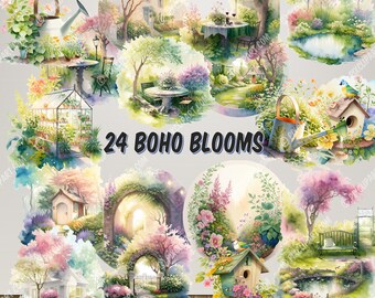 24 Boho Blooms: Vibrant Spring Garden Clipart Collection | Floral Clip Art with Digital Watercolor Effect | PNG Format | Free Commercial Use