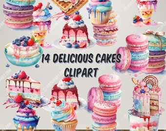 14 Delicious Cakes Clipart Bundle | Digital Watercolor | Free Commercial Use | Scrapbooking | Pastry, Macaroon, Cupcake, Cake Illustration