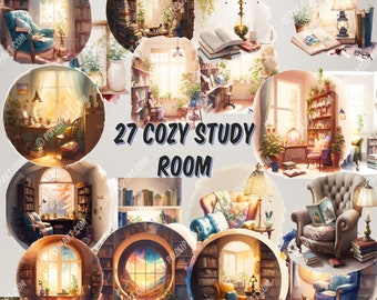 27 Cozy Study Room Clipart Bundle | Book Clipart, Bookshelf, Aesthetic Library Interior | Digital Watercolor | PNG | Free Commercial Use