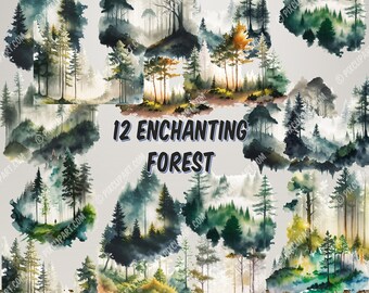 12 Enchanting Forest Clipart Bundle | Wood Clip Art PNG | Digital Watercolor | Free Commercial Use | Summer Misty Forest Landscape | Trees