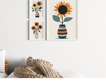 Conjunto de estampados minimalistas de girasoles: decoración bohemia escandinava (descarga digital)