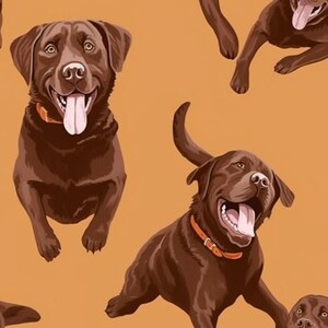 May include: A pattern of brown Labrador Retriever dogs on a light orange background. The dogs are in various poses, some are looking at the camera, some are looking away, and some are running. All of the dogs have orange collars.