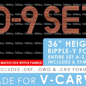Puede incluir: Un conjunto de letras y números de fuente de estilo ondulado de color cobre de 91,44 cm de alto. Las letras y los números están en una fuente en negrita y estilizada. El texto de la imagen dice "0-9 SET". La imagen también incluye el texto "RIPPLE-Y FONT", "ENTIRE SET A-Z, 1-9 INCLUDES & SYMBOL", "PERFECT MATCH FOR RIPPLE PANELS!" y "INCLUDES .DXF, .DWG & .CRV FORMAT".