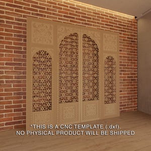 May include: A CNC template for a decorative wooden screen with an intricate geometric pattern. The screen is made up of three panels, each with a different design. The template is in .dxf format. *THIS IS A CNC TEMPLATE (.dxf). NO PHYSICAL PRODUCT WILL BE SHIPPED*