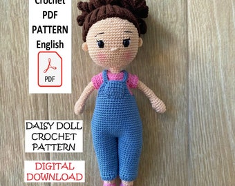 Häkelpuppe in Overalls Muster zum Verkauf, Daisy Crochet Doll Pattern, Häkelanleitung in Englisch, PDF