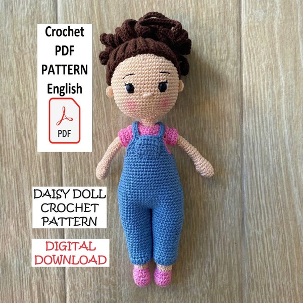 Häkelpuppe in Overalls Muster zum Verkauf, Daisy Crochet Doll Pattern, Häkelanleitung in Englisch, PDF