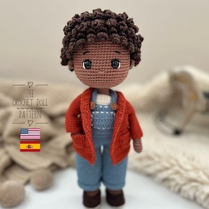 Amigurumi Crochet Boy Doll Pattern: Overalls, Cardigan, Afro Hair (PDF Tutorial)
