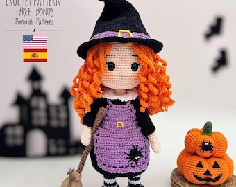 Halloween Witch Amigurumi Doll Crochet Pattern – Mimi with Outfit – Easy PDF Tutorial (English & Spanish)