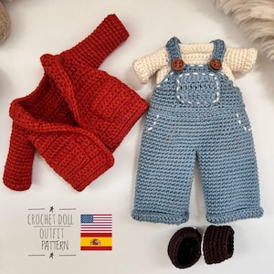 Overalls, Cardigan and T Shirt Crochet Pattern for Base Dolls, Amigurumi Clothes Pattern for 10,11,12 Inch Boy Doll, Outfit Pattern PDF, DIY
