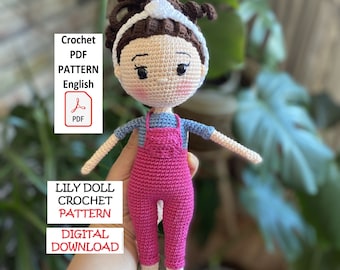 Lily Crochet Doll Pattern for Amigurumi Doll, Crochet First Doll Pattern, Baby Doll Pattern, Easy Crochet Doll Pattern in English, Overalls