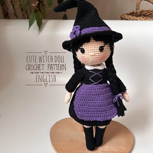 Cute Witch Crochet Doll Pattern, Easy Witch Amigurumi Pattern for Halloween, Black and Violet Crochet Witch Toy Halloween Pattern, Tutorial