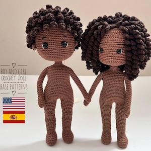 アミグルミかぎ針編み人形のベース：アフロヘアと褐色の肌の男の子と女の子（PDFパターン、英語/スペイン語）