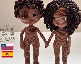 Amigurumi Crochet Doll Base: Boy & Girl with Afro Hair, Brown Skin (PDF Pattern, English/Spanish)