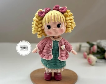 Crochet Girl Doll Pattern: Blonde Curly Pigtails Hair, Amigurumi 10-12 inch Doll with Clothes (PDF Tutorial English)
