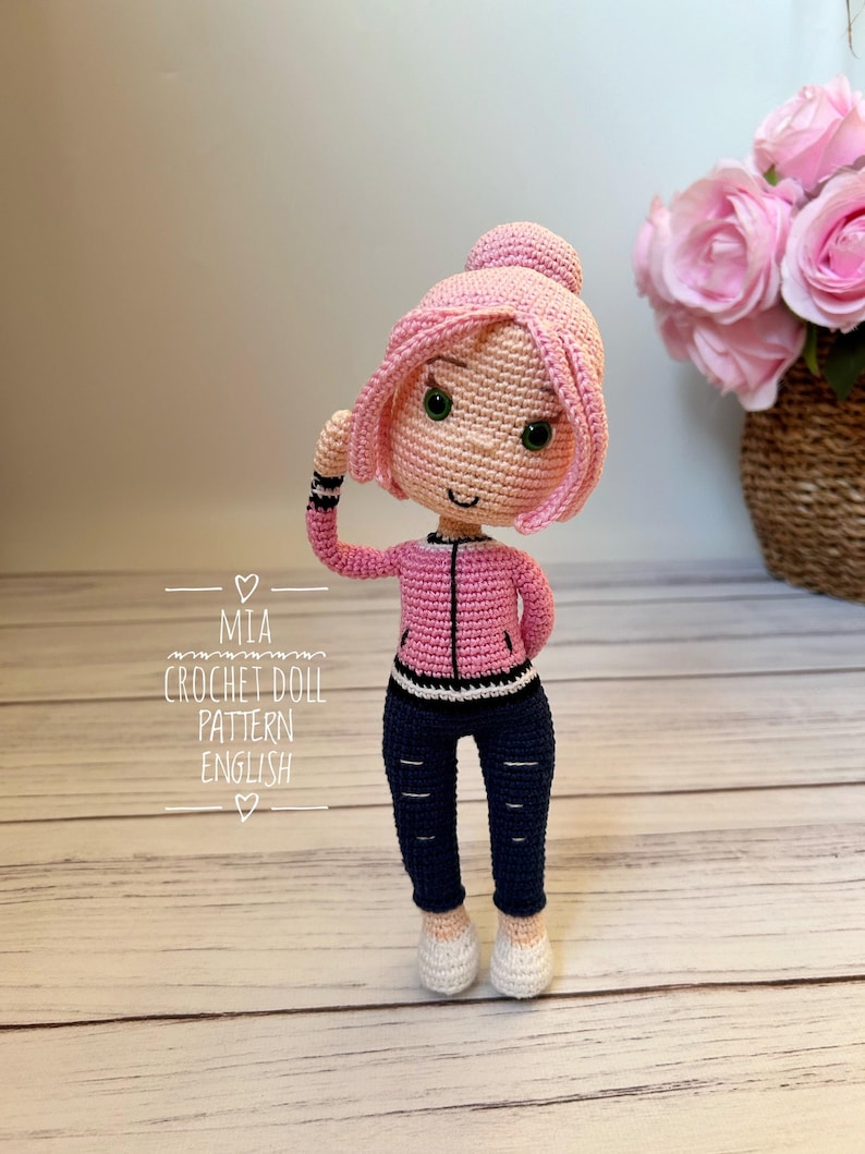 Crochet Girl Doll Pattern: Amigurumi Pink Hair Doll with Jacket and Pants (PDF Tutorial)