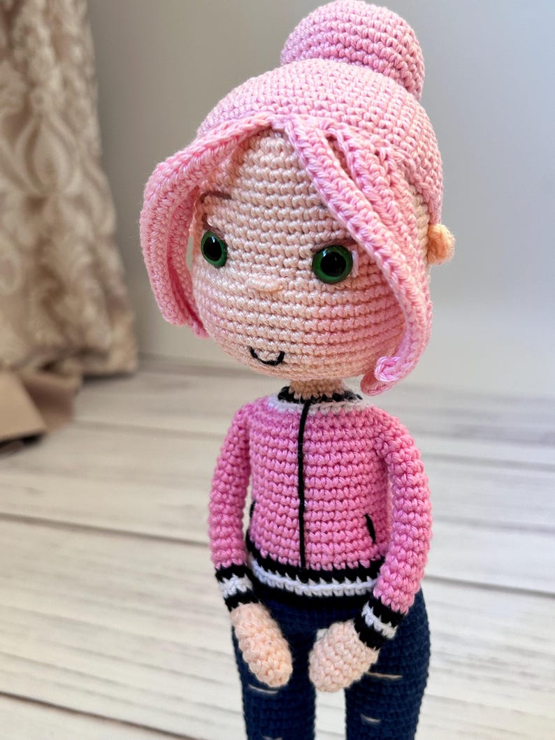 Crochet Girl Doll Pattern: Amigurumi Pink Hair Doll with Jacket and Pants (PDF Tutorial)