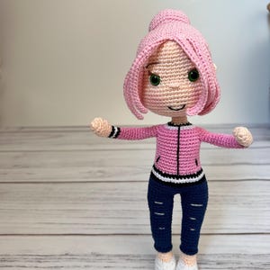 Crochet Girl Doll Pattern: Amigurumi Pink Hair Doll with Jacket and Pants (PDF Tutorial)