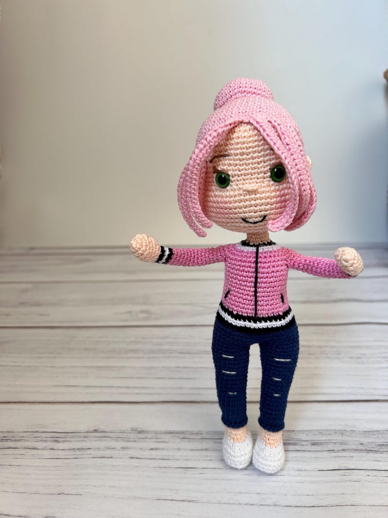 Crochet Girl Doll Pattern: Amigurumi Pink Hair Doll with Jacket and Pants (PDF Tutorial)