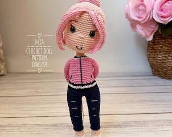 Crochet Girl Doll Pattern: Amigurumi Pink Hair Doll with Jacket and Pants (PDF Tutorial)
