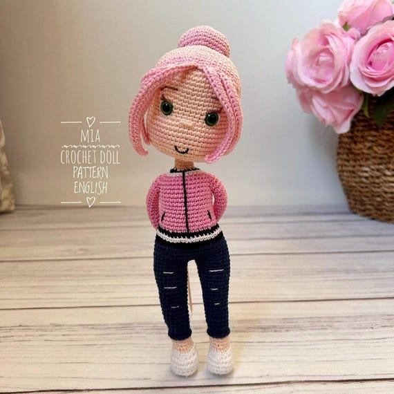 Crochet Girl Doll Pattern: Amigurumi Pink Hair Doll with Jacket and Pants (PDF Tutorial)