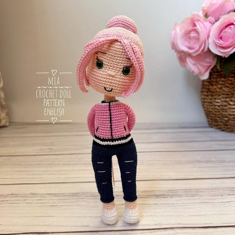 Crochet Girl Doll Pattern: Amigurumi Pink Hair Doll with Jacket and Pants (PDF Tutorial)