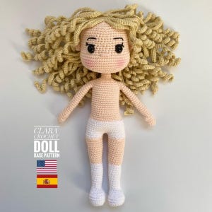 Modèle de base de poupée au crochet : corps amigurumi avec cheveux blonds bouclés (didacticiel PDF)