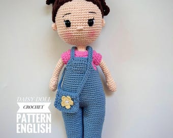 Daisy Crochet Doll Pattern: Amigurumi Girl in Overalls – English PDF, Beginner Friendly, Tutorial