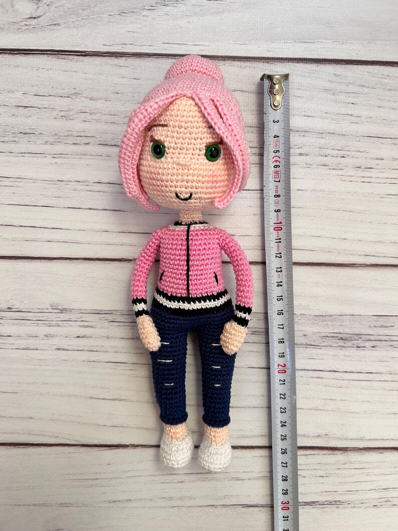 Crochet Girl Doll Pattern: Amigurumi Pink Hair Doll with Jacket and Pants (PDF Tutorial)