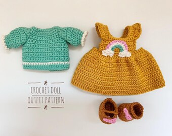 あみぐるみ人形の服の編み図 – 10～12インチ人形用のエプロンドレス、T