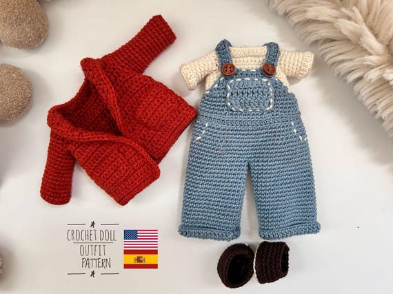 Doll Clothes Crochet Pattern: Overalls, Cardigan, T-Shirt (PDF Tutorial for 10-12" Dolls)
