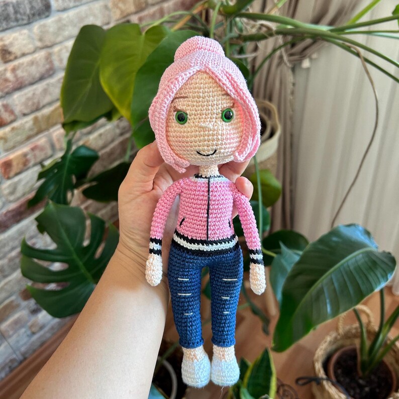 Crochet Girl Doll Pattern: Amigurumi Pink Hair Doll with Jacket and Pants (PDF Tutorial)