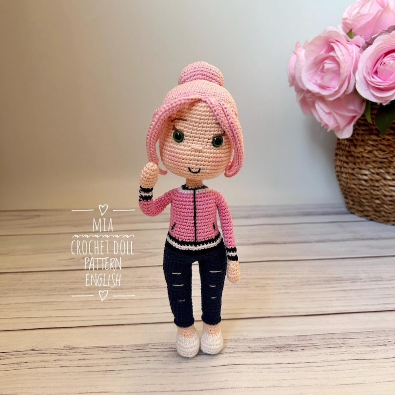 Crochet Girl Doll Pattern: Amigurumi Pink Hair Doll with Jacket and Pants (PDF Tutorial)