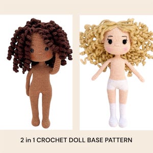 Amigurumi Crochet Doll Base Patterns – Brown & Blonde Curly Hair Girl Tutorial – English/Spanish PDF