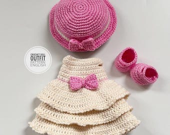 Wzór na białą sukienkę i kapelusz z falbanką dla lalek szydełkowych: strój amigurumi dla lalek o wymiarach 10-12 cali (PDF)