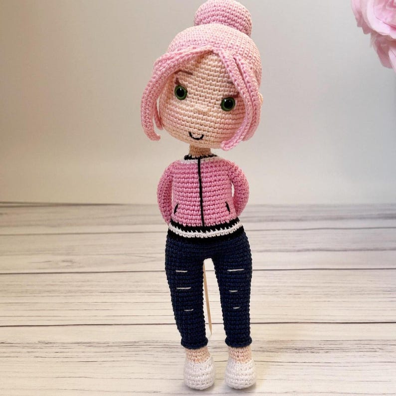 Crochet Girl Doll Pattern: Amigurumi Pink Hair Doll with Jacket and Pants (PDF Tutorial)