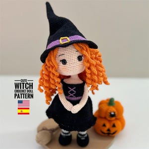 Halloween Witch Doll Crochet Pattern – Redhead Amigurumi Doll & Pumpkins PDF Tutorial English Spanish