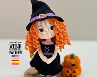 Halloween Witch Doll Crochet Pattern – Redhead Amigurumi Doll & Pumpkins PDF Tutorial English Spanish