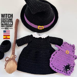 May include: A crochet witch costume pattern for a doll. The set includes a black witch's hat with a purple band, a black dress with a white collar, a purple bag with a spider, shoes, and a broom.