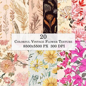 Könnte beinhalten: Eine Sammlung von 20 farbenfrohen Vintage-Blumen-Texturen. Das Bild zeigt verschiedene Blumenmuster in Rosa-, Gelb- und Brauntönen. Der Text-Overlay lautet "20 Colorful Vintage Flower Texture 8500x5500 PX 300 DPI".