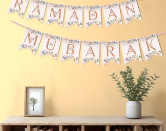 Perzik Ramadan Mubarak Bunting INSTANT DOWNLOAD Afdrukbaar Ramadan Decor, hangende moslimviering, Eid Party Decor, islamitische banner, bloemen